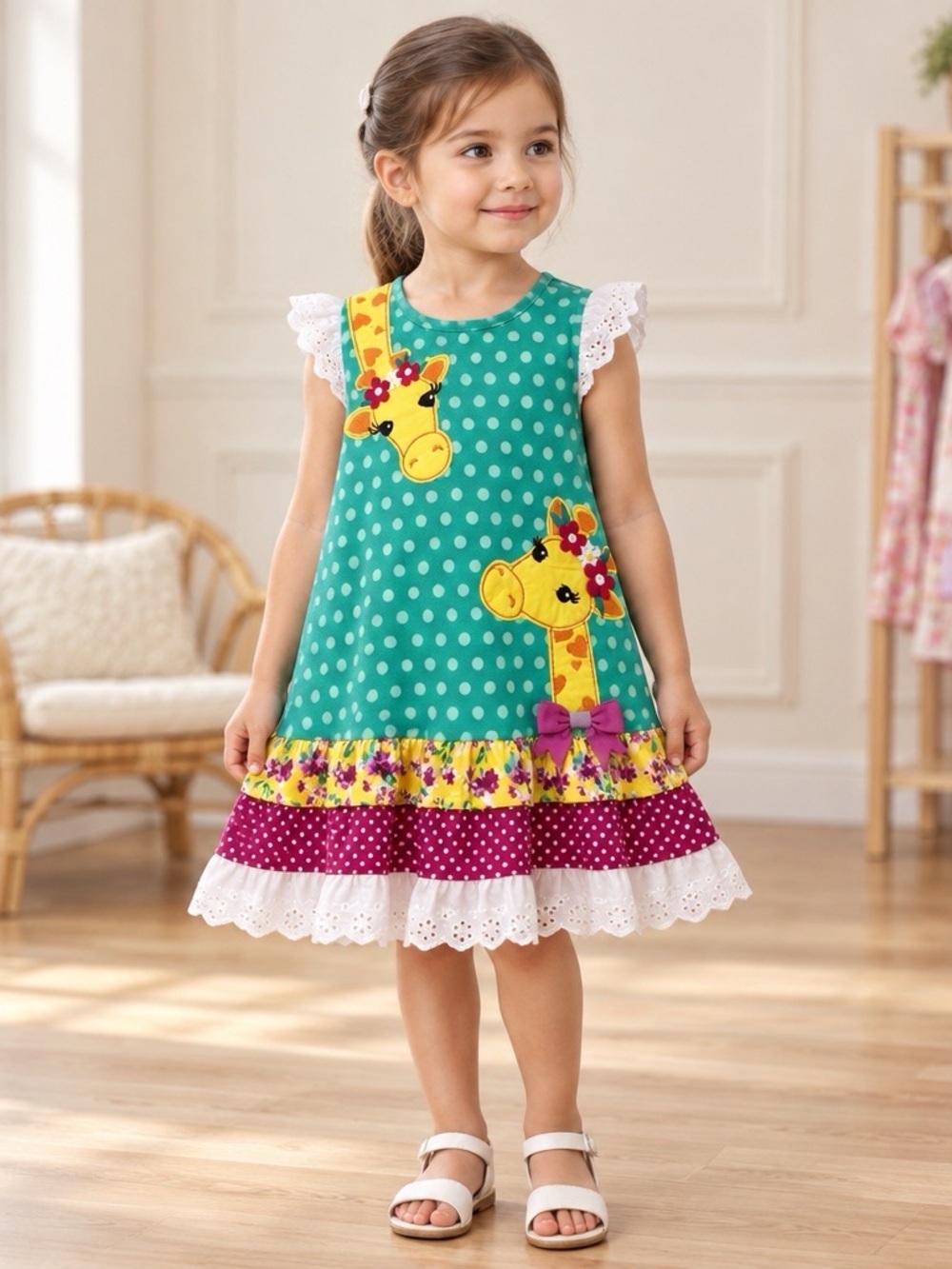 NWT Rare Editions Girls 4 Giraffe Applique Polka Dot Tiered Ruffle Dress